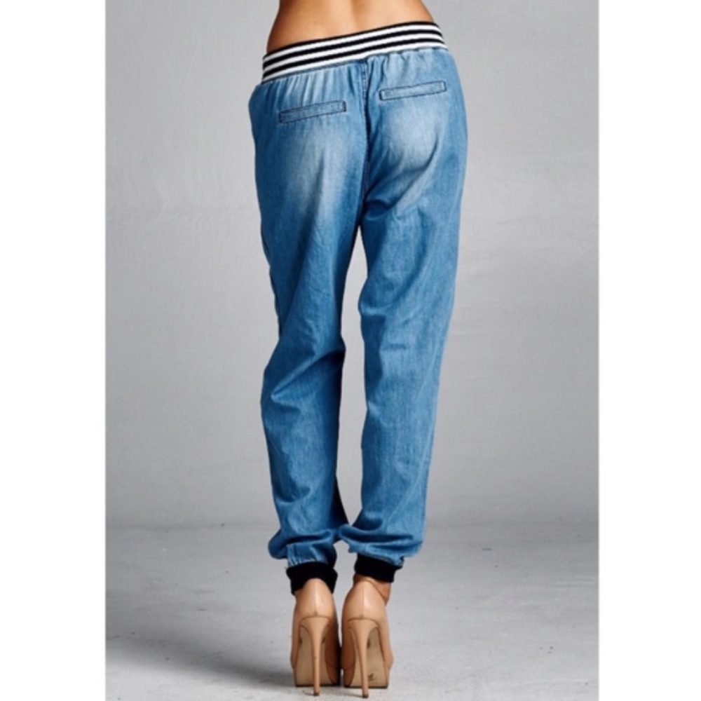 Striped blue striped waist denim look Jogger Pants - Picture 2 of 2